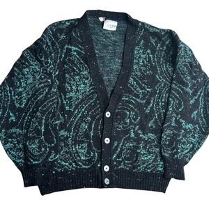 Vintage Cambio Italia Cardigan Sweater Black Teal Abstract‎ Knit Button Front